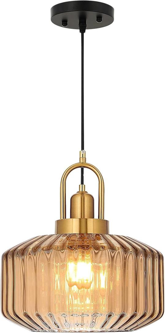 11.8in Mid Century Modern Amber Glass Pendant Light Fixture, Large Gold Kitchen Island Pendants Light Glass Ceiling Hanging Lamp for Foyer Dining Room Bedroom Entryway Hallway Over Sink