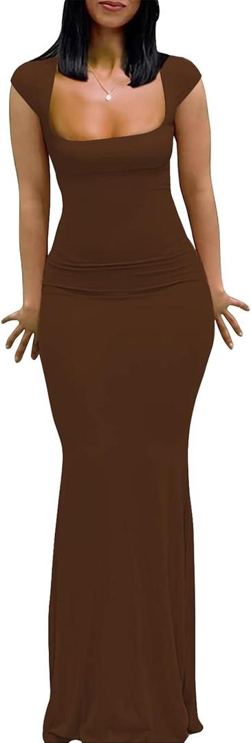 Womens Summer Cap Sleeve Square Neck Elegant Casual Lounge Bodycon Slim Maxi Evening Party Long Dress (Medium, Brown) Womens Summer Cap Sleeve Square Neck Elegant Casual Lounge Bodycon Slim Maxi Evening Party Long Dress (Medium, Brown)