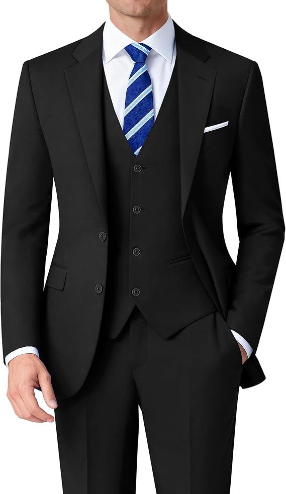 Mens Stretch Suit Slim Fit 3-Piece, 2 Buttons Jacket Vest Adjustable Waist Pants
L