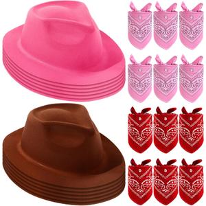 Haysandy 24 Pieces Western Cowboy Hat Set, Felt Cowboy Themed Party Hats with Paisley Bandanas for Kids Costume Party(Brown, Pink, Red)