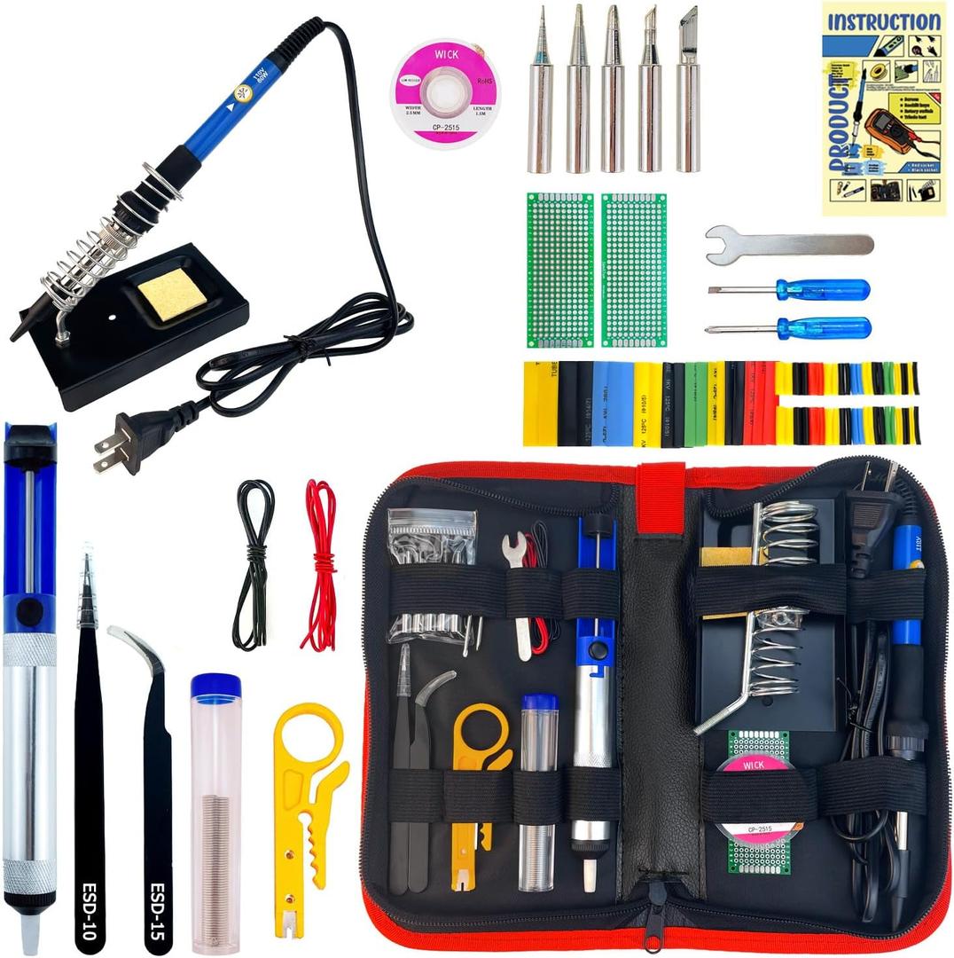 Soldering Iron Kit, 60W Soldering Iron, 5 Soldering Iron Tips, 21-in-1 Adjustable Temperature, Solder Wire, Stand, Desoldering Pump, Soldering Welding Iron Kit for Electronics Hobby DIY 110V US Plug