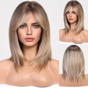 HAIRCUBE Ombre Ash Blonde Wigs for Woemn Light Blonde Straight Wig with Curtain Bangs Shoulder Length Natural Synthetic Wig for Daily Use
