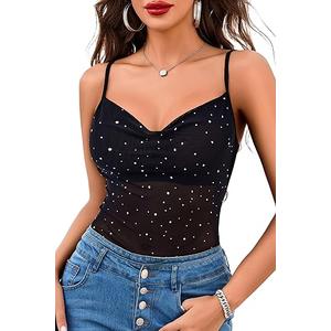 Avidlove Women's Mesh Camisole Cowl Neck Tank Top Cami Sequin Basic Tank Shirt Blouses XS