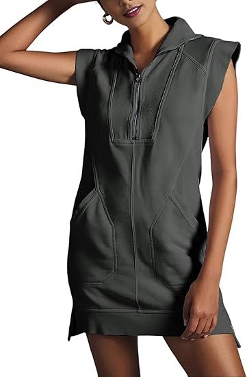 Qiaomai Womens Half Zip Sweatshirt Dresses Summer V Neck Sleeveless Pullover Tunic Tops Mini Dress, Size L