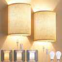 Plug in Wall Sconces Set of Two: Wall Lights with On/Off Switch - Step less Color Temperature Wall Mount Lamps - Fabric Linen Wall Sconce for Bedroom Living Room & Hallway- Indoor Corded Wall Sconces (Beige)