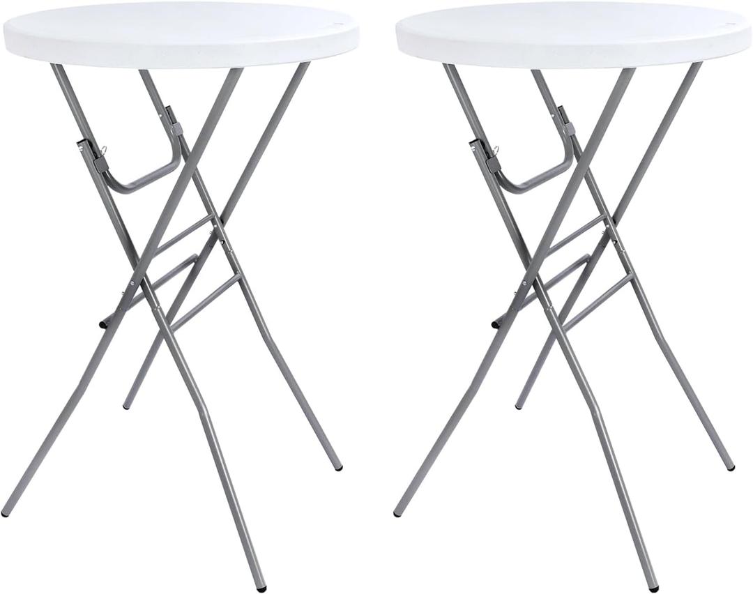 Cocktail Table 28in Folding Round High Top Indoor Outdoor with Removable Legs, Tall Bistro Foldable Bar Height Table for Parties, Patio, Backyard, Dining, Wedding, White- 2PCS
