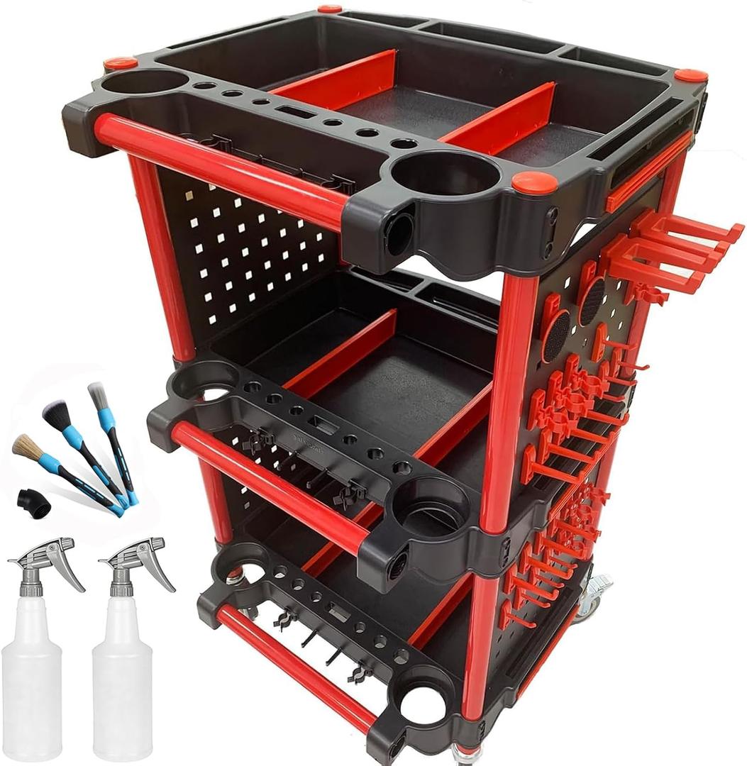 Car Detailing Cart Auto Detailing Tool Cart with 4 Tool Hanging Board,360 Lockable Universal Wheels, 3 Tier Car Wash Detail Cart for Professional Detailing (4 Tool Hanging Board)