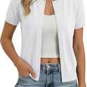 GRACE KARIN Women Short Sleeve Cardigan, 2026 Summer Knitted Sweater Tops, Basic Crew Neck Crop Outfits (White, M)