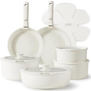 CAROTE 17pcs Pots and Pans Set, Nonstick Cookware Set Detachable Handle, Induction Kitchen Cookware Sets Non Stick with Removable Handle, RV Cookware Set, Oven Safe, Saucepan Set (Cream White)