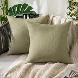 MIULEE Pack of 2 Decorative Outdoor Solid Waterproof Throw Pillow Covers Faux Linen Garden Farmhouse Cushion Cases for Patio Tent Balcony Couch Sofa 20x20 Inch Light Olive Green