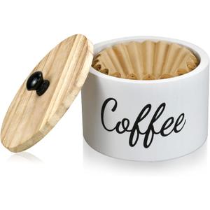 Wooden Coffee Filter Holder with Lid, Basket Coffee Filter Storage Container for Counter, Rustic Farmhouse Caf Bar Decor, 50 Count Capacity (White)