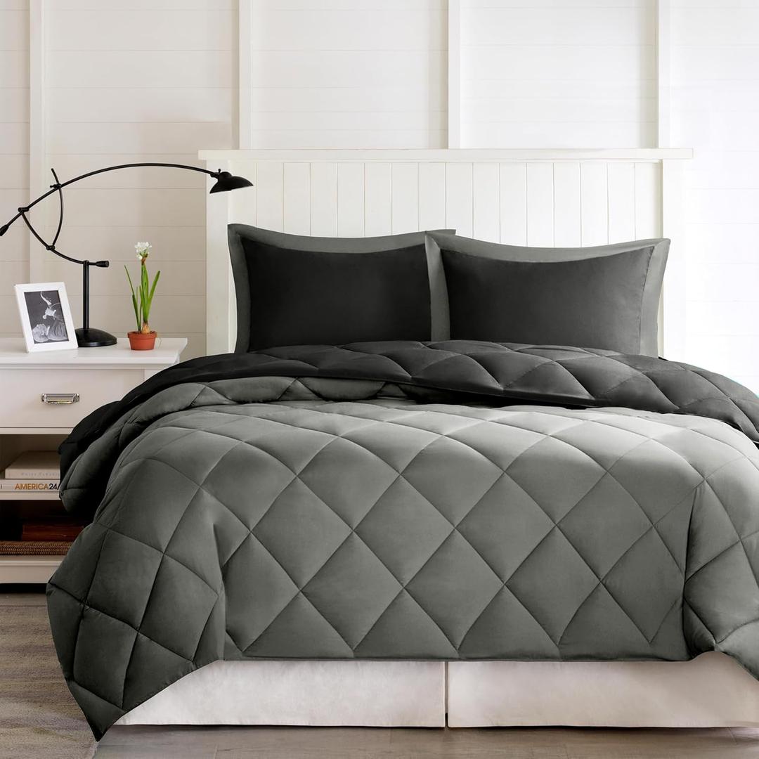 Madison Park Larkspur All Season Reversible Two Sides Down Alternative Comforter Set 3M Stain Release Comforters, Full/Queen, Black/Gray Madison Park Larkspur All Season Reversible Two Sides Down Alternative Comforter Set 3M Stain Release Comforters, Full/Queen, Black/Gray