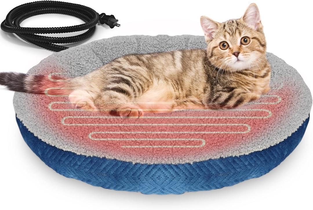 Heated Cat Beds for Indoor Cats Warming Cat Beds Super Soft Machine Washable Thermo Kitty Electric Heating Bed 19 Inches Round (Grey-Blue)
