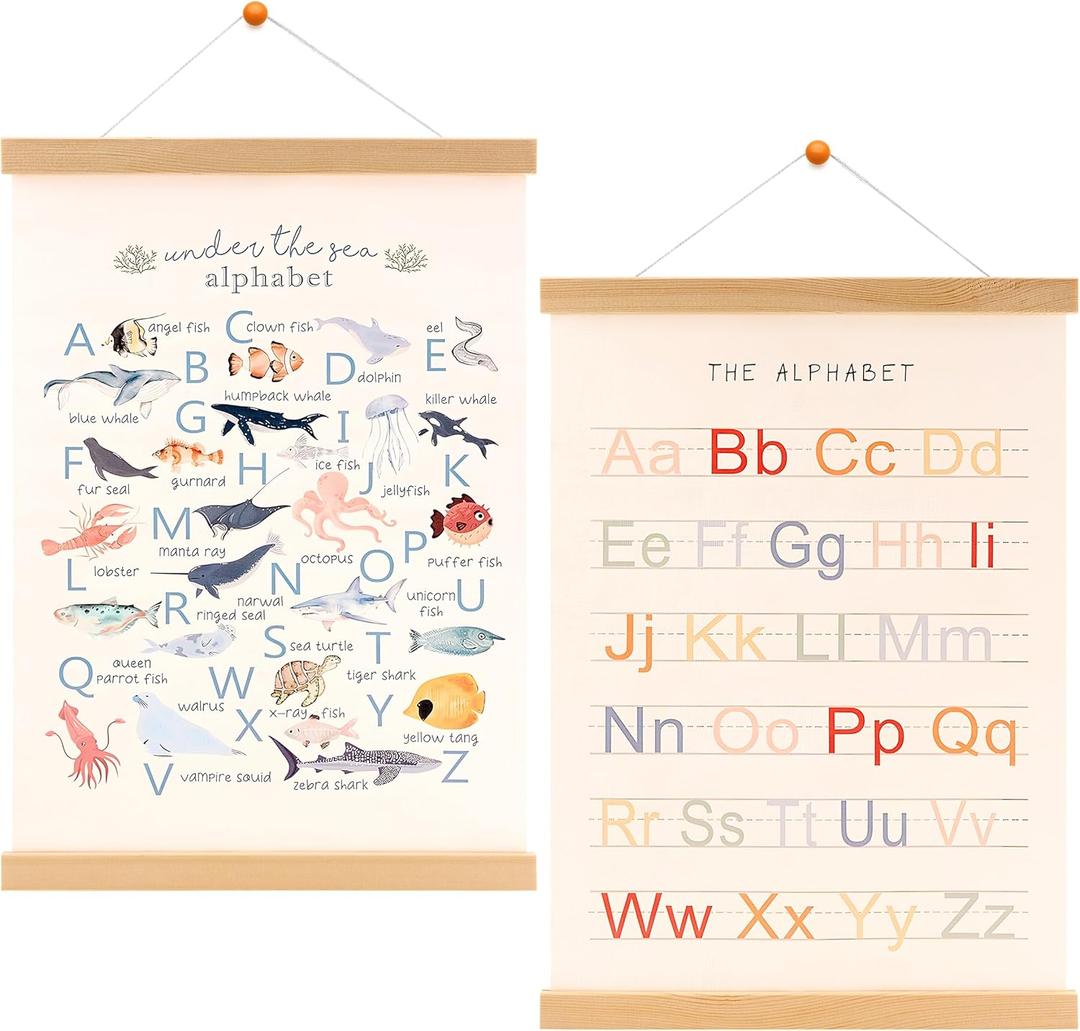 DF DUALFERV Alphabet Poster, 4 Pack Bright Colors Playroom Wall Decor with Solid Wood Scroll for Fun Learning, Alphabet Wall Decor for Playroom Nursery, 12x16 Inch