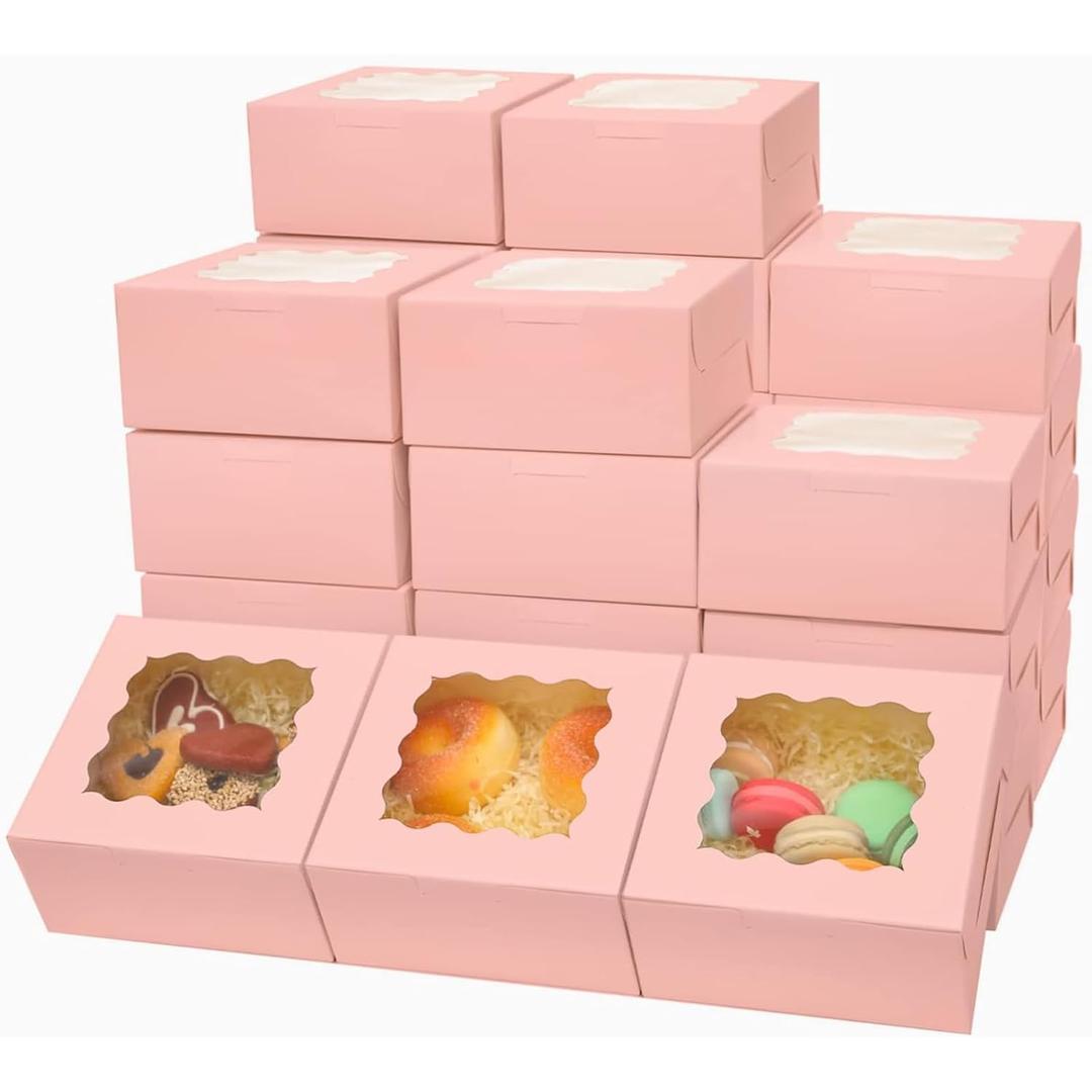 Bakepacker Pink Bakery Boxes with Window 6x6x3 inches Thick & Sturdy Macaroon Pastry Boxes Cookie Boxes for Bakeries, 60-Packs