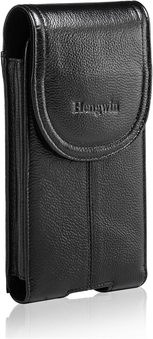 Hengwin Genuine Leather Cell Phone Holster for Belt Men, Vertical Phone Holder Belt Pouch Fits for iPhone 15 Pro Max 14 Pro Max 13 Pro Max Samsung Galaxy S24 Ultra Note9 Case with Belt Clip (Black) (Large)