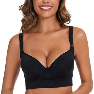 Push Up Bra for Women, Full Back Coverage Bras Deep Cup Hide Back Fat Smoothing Seamless Underwire T-Shirt Bras (38E, Black)