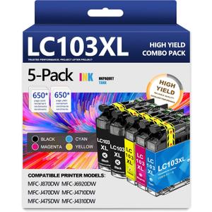 LC103XL LC103 103 Ink Cartridges High Yield Replacement for Brother LC103 XL LC103 LC101 Ink Work with MFC-J870DW MFC-J6920DW MFC-J6520DW MFC-J450DW MFC-J470DW(2 Black, 1 Cyan, 1 Magenta, 1 Yellow)