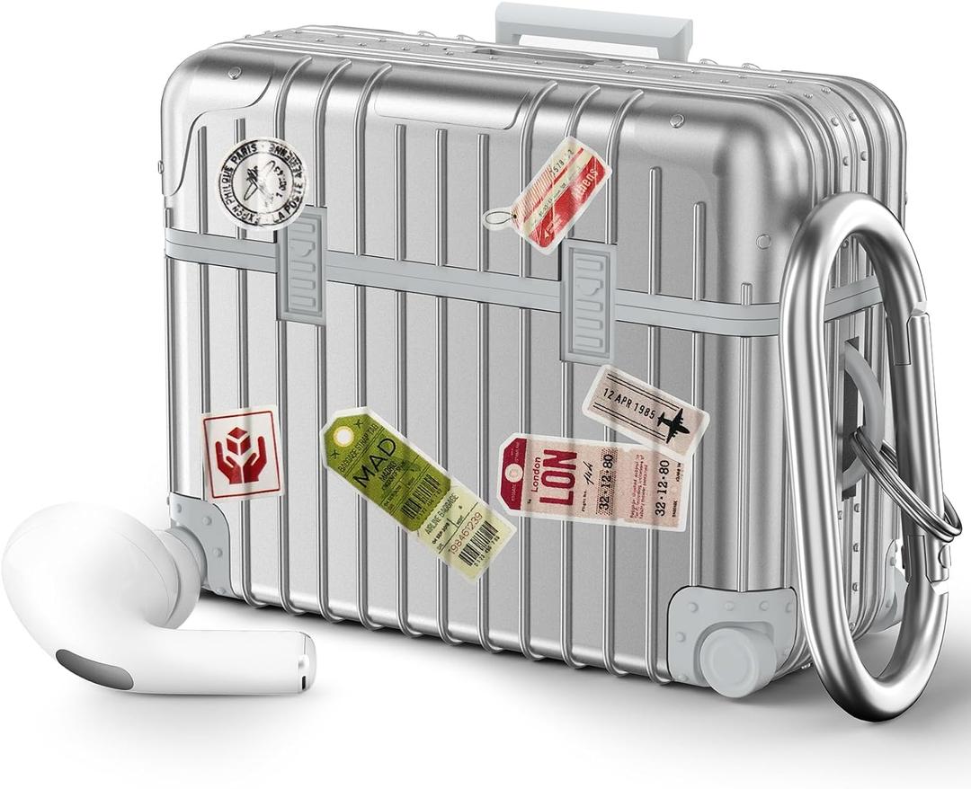 KOREDA Compatible with AirPods Pro 2nd/1st Generation Case Cover, Cute Funny Suitcase Design Case for Airpods Pro 2nd/1st Gen, Fashion Protective Hard Case for Women Men with Keychain (Silver)