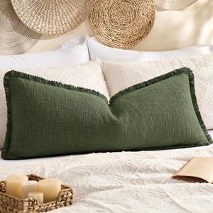 Kevin Textile 14x36 Inch Long Lumbar Pillow Cover 1 Pack Boho Fringe Decorative Rectangle Cushion Case with Tassels Neutral Cotton Woven Textured Farmhouse for Living Room Couch Sofa Bed, Olive Green