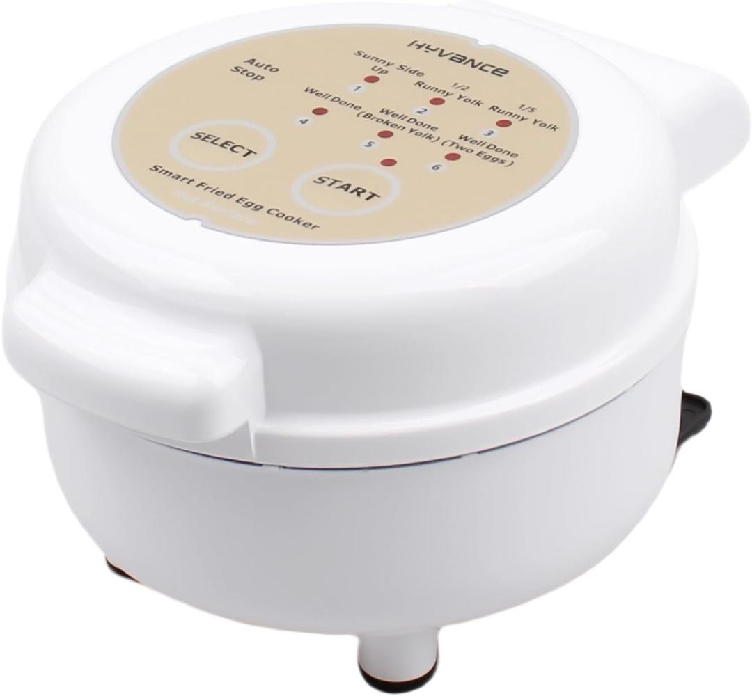 Smart Fried Egg Cooker, Automatic Fried Egg Maker for 6 Features like Sunny Side Up, Over Easy, Fully Cooked & More. Auto Power Off, Alarm, Round Shape, Non Stick Coating PFAS FREE (White)