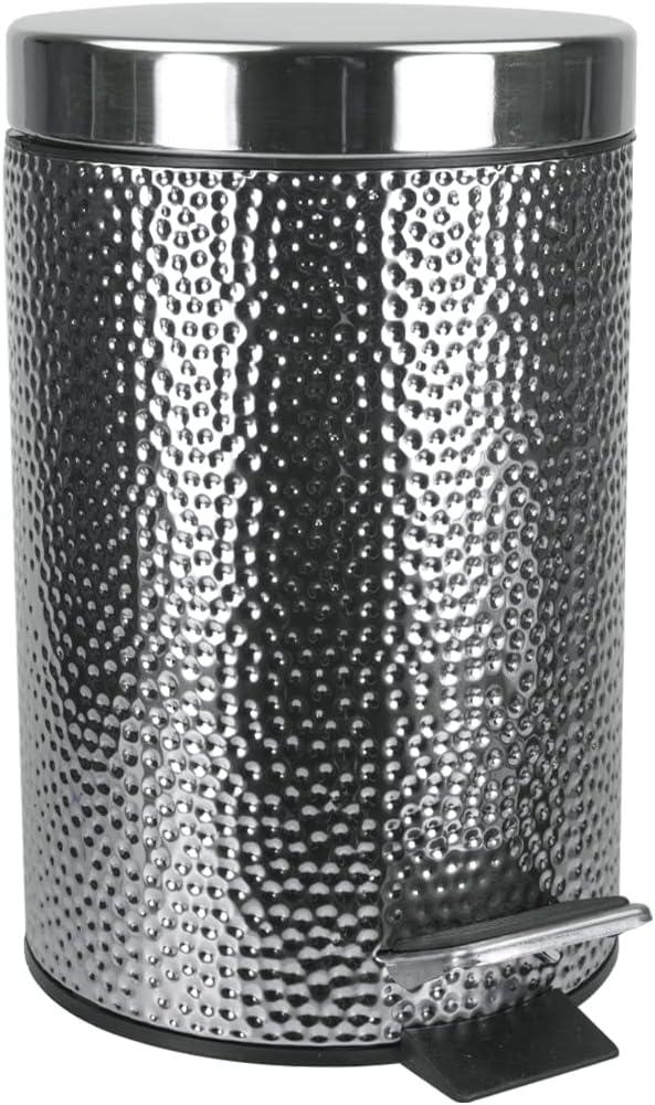 Small Trash Can with Lid Soft Close by Home Basics, Foot Pedal Round Bathroom Garbage Can with Hammered Stainless Steel Finish and Removable Inner Wastebasket