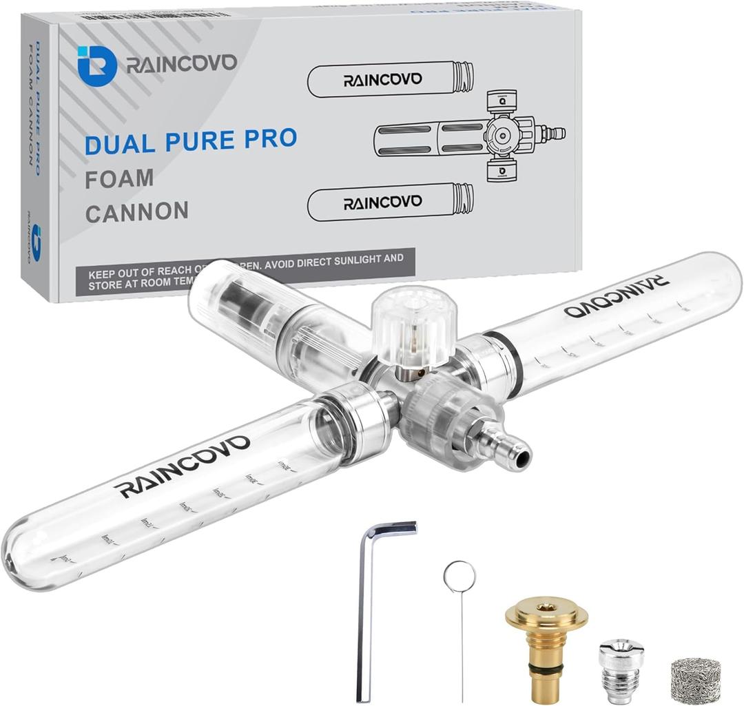 Raincovo Dual Pure Pro Foam Cannon for Pressure Washer, Dual-Bottle Mini Soap Cannon for Pre-Wash and Main Wash, No Dilution Foam Sprayer with 1/4 Inch Quick Connector, Additional 1.1mm Orifice Nozzle