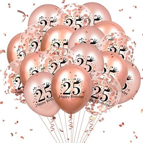 RUMIA Rose Gold 18 Pcs 'Happy 25th Birthday' Balloons, Confetti Balloons, 25th Anniversary Birthday Party Decorations for Girls, Boys, Decor Supplies, 12 inch