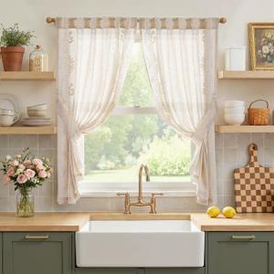 jinchan Belrose Linen Floral Cafe Curtains 54 Inch Length Embroidered Farmhouse Curtains for Kitchen Bedroom Bathroom Small Windows Curtain Set Light Filtering 2 Panels Ivory