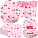400 Pcs Cherry Birthday Party Decorations for 50 Guests, Red Pink Cherry Bow Scalloped Paper Plates Napkins Cups Cutlery for Pink Bow Coquette Baby Shower Bridal Shower Party Supply