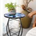 VCUTEKA Patio Side Table Outdoor Accent Table Bistro Coffee Table Plant End Table Small Porch Tables Indoor Round Glass Balcony Blue Flowers 14 inches