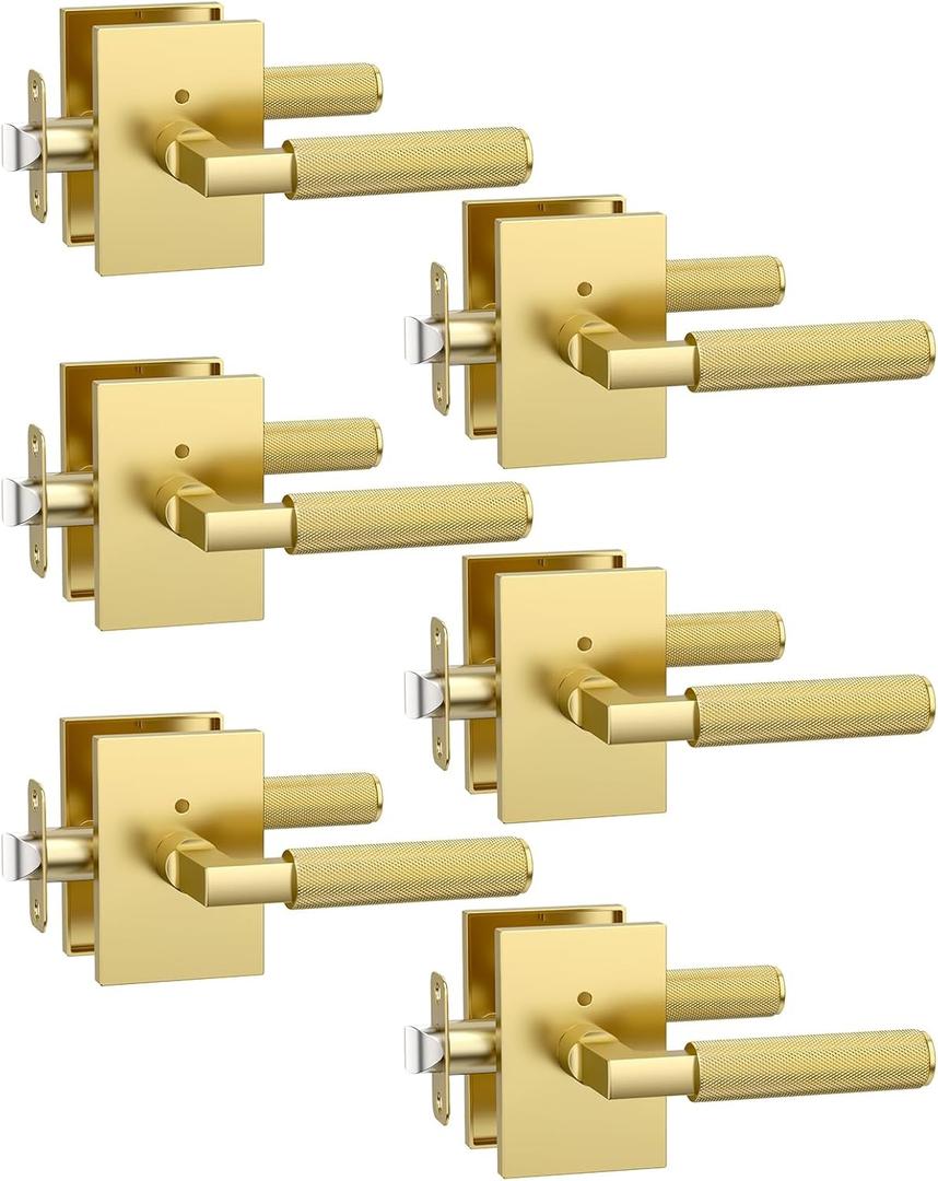 Asidrama 6 Pack Brushed Gold Privacy Door Handles, Door Lever with Door Knobs Indoor for Bedroom or Bathroom, Heavy Duty Door Handles Interior with Locks for Left Right Sided Doors