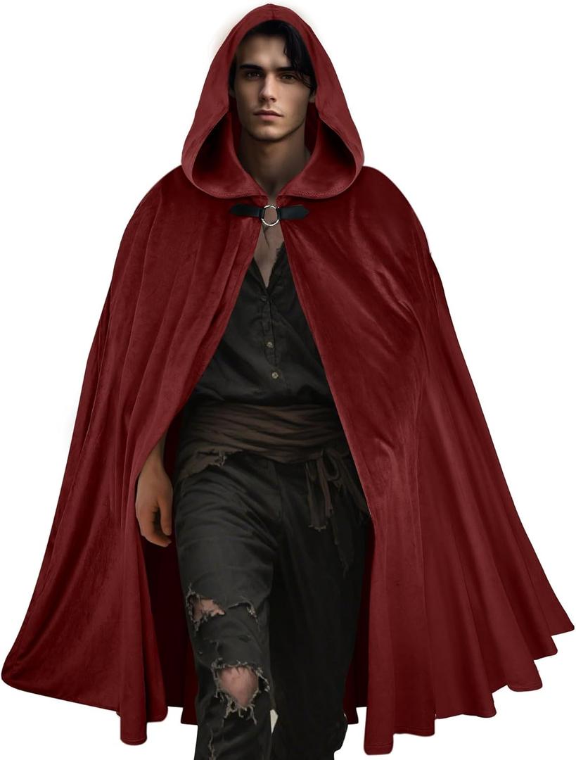 CICOCI Adult Medieval Velvet Hooded Cloak Men Renaissance Cape with Hood Halloween Costume (Red)