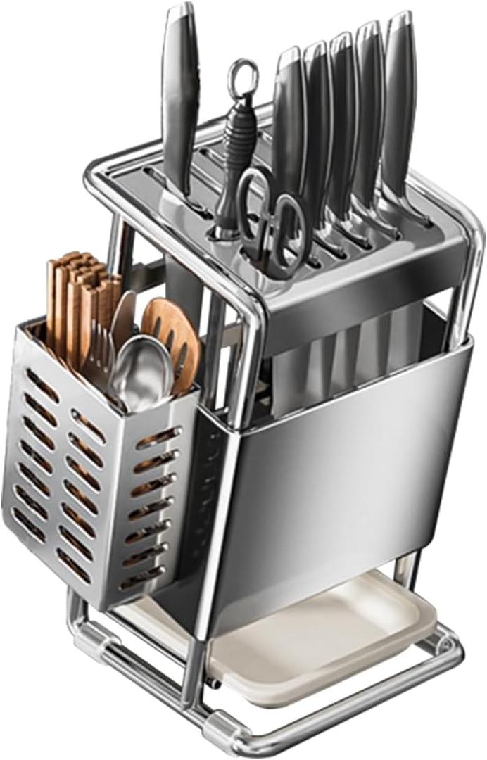 Knife Block with Drain Tray, Knife Holder without Knives, Kitchen Storage Knife Rack Decoration, Slanted Knife Stand, Countertop Knife Storage, Carbon Steel Cutlery Display Organizer (Silver,C)