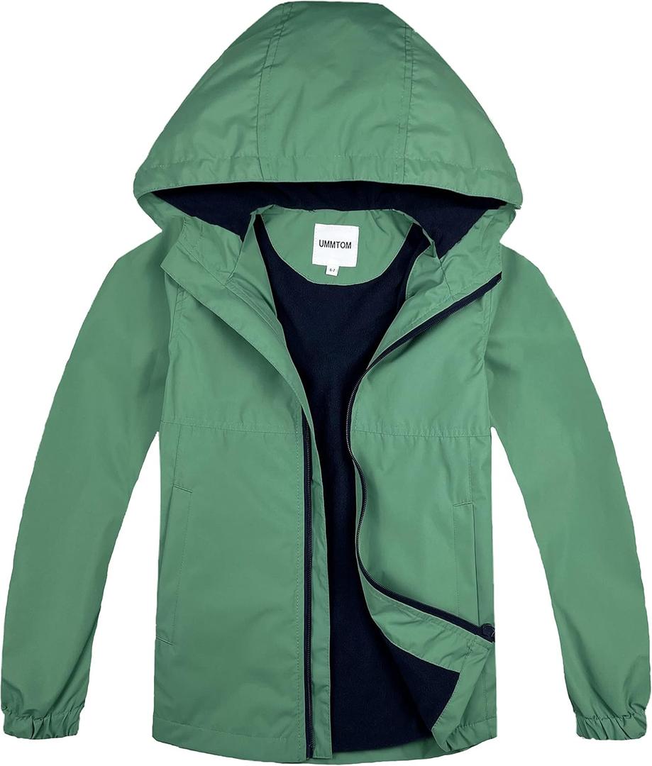 Boys Rain Jackets Lightweight Waterproof Hooded fleece Raincoats Windbreakers for Kids (9-10 Years, Solid Green)