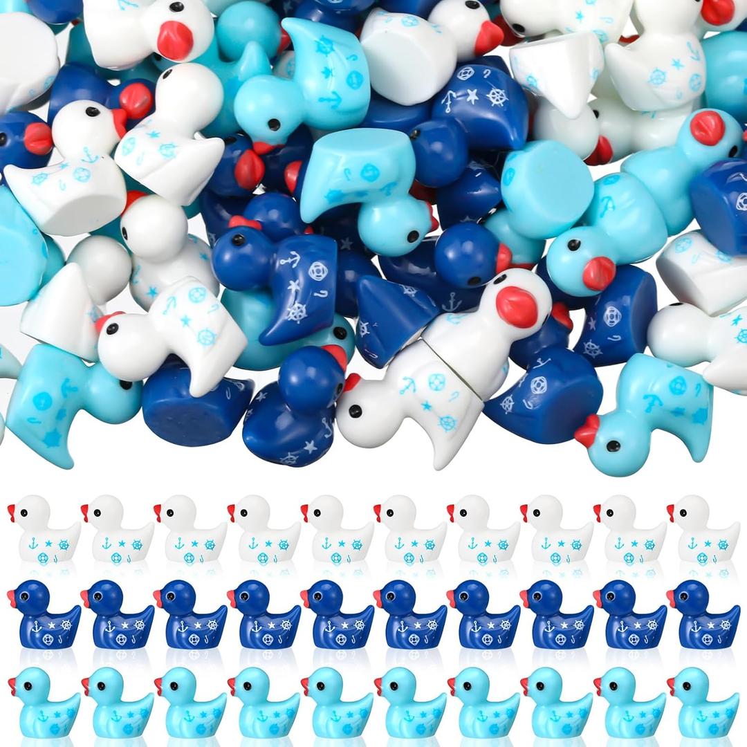Wesiti 100 Pcs Mini Resin Ducks Cruise Navigation Themed Tiny Sailor White Blue Ducks for Miniature Figurines Micro Landscape Garden Desktop Home Cake DIY Accessories Party Gifts