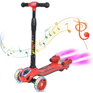 3 Wheel Scooter for Kids, Toddler Scooter with Bluetooth Music Speaker Steam Sprayer LED Lights Aluminum Alloy T-Bar, Folding Kick Scooters for Boys Girls Ages 3-10