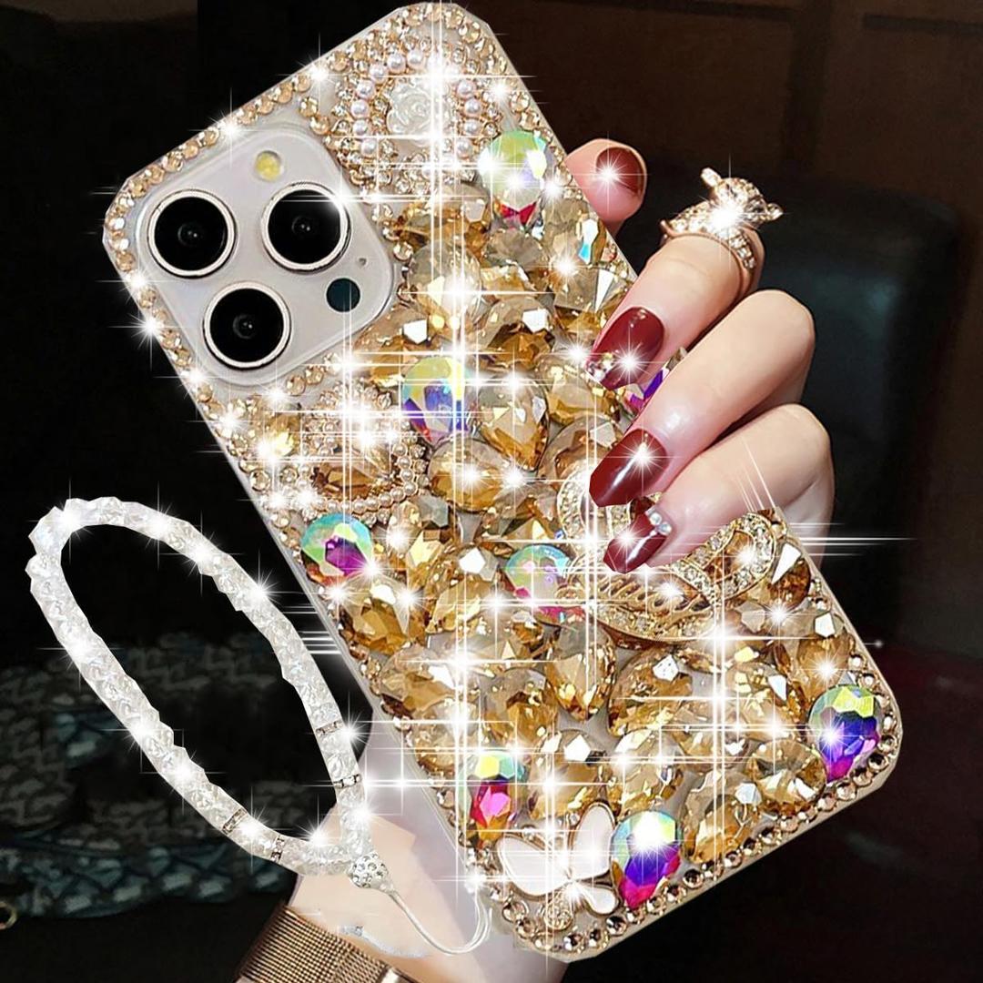 Changjia for iPhone 16 Pro Max Glitter Bling Case, Cute Luxury 3D Sparkle Crown Crystal Rhinestones Diamond Gems Pearl with Lanyard Wrist Strap Women Girls Phone Case for iPhone 16 Pro Max 6.9" (Gold)
