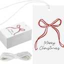 100 Pcs Christmas Presents Tags Red Color Bow Design Christmas Tags Xmas Bow Gift Labels with String for Presents Wrapping Paper Labels for Xmas Party Treat Cookie Decor