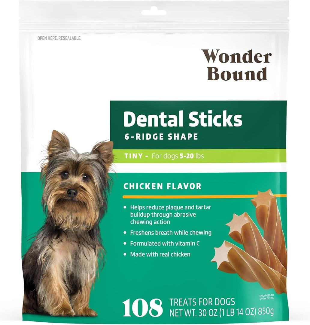 Wonder Bound Chicken Flavor Dental Sticks for Tiny Dogs (5-20 lbs), 6-Ridge Shape for Plaque & Tartar Control, Freshens Breath, Made With Real Chicken, 108 Count, Best By MAR 14/2027