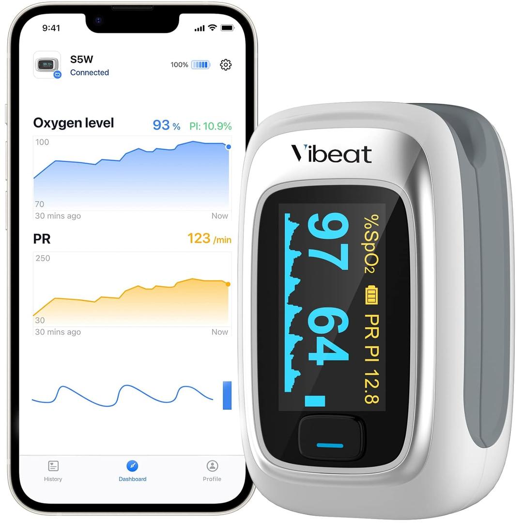Vibeat Bluetooth Fingertip Pulse Oximeter with Pulse Rate, Blood Oxygen Saturation Monitor | Finger O2 Meter, Batteries and Lanyard Included, Free APP (White)