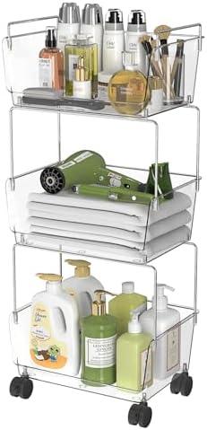 3 Tier Rolling Utility Cart,Plastic Storage Cart with Wheels,Movable Storage Cart Organizer for Living Room,Kitchen,Bathroom,Pantry,Nursery,Clear