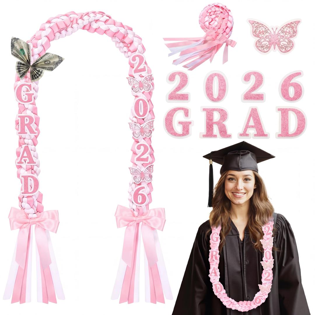 Suncalla Graduation Leis Class of 2026 Double Braided Ribbon Lei Graduation Party Idea Decor Ceremony Photo Props for High School Master College Grad Party Senior Night (Pink, White)