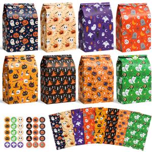 24 Pack Halloween Treat Bags with 30 Stickers - Halloween Trick or Treat Candy Goodie for Kids - Holiday Craft Paper Gift Bags for Holiday Bag Stuffer Filler, Party Supplies, 8 Assorted Designs