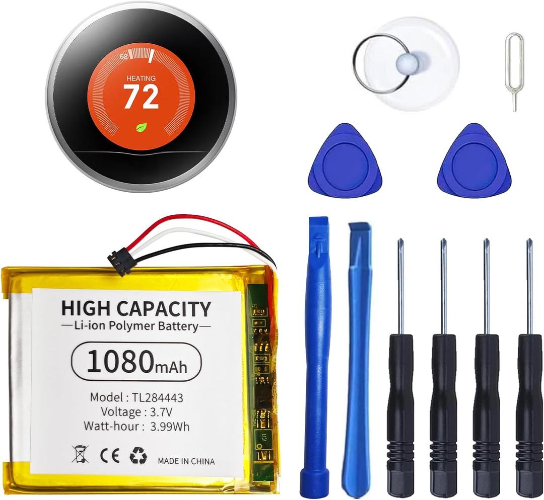 TL284443 Battery 1080mAh High-Capacity Battery Replacement for Nest Learning Thermostat 2nd & 3rd Gen,Compatible with T3007ES, T3008US, T4000ES, A0013 Models with Repair Tools