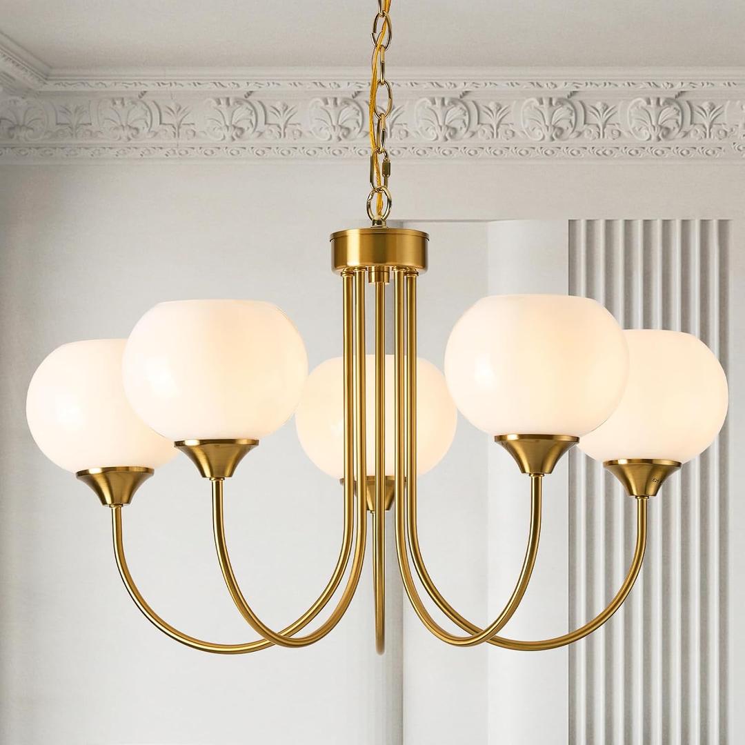 Modern Globe Chandelier 5 Light Mid Century White Milk Glass Vintage Sputnik Hanging Chandeliers Gold Pendant Light Fixtures for Dining Room Kitchen Living Room Bedroom, Chain