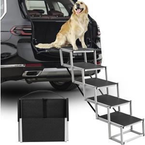 Deergym Dog Stairs for Large Dogs - 5 Step Wide 16in High 34in Foldable Dog Ramp for Car Non-Slip Surface Support up to 230lbs - Suitable for SUV,Truck, Sofas, Bed