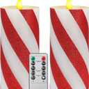 Retisee 2 Pcs Candy Cane Flameless Candles Striped Flickering LED Real Wax with Remote Timer Battery Operated Fake Candle Wide Glitter Stripe Pillars for Party Decor(3" X 6",Red)