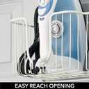 mDesign Steel Metal Over Door Ironing Board Holder with Large Storage Basket for Laundry, Utility, Mudroom, Garage - Holds Iron, Board, Spray Bottles, Starch, Detergent, Fabric Refresher - White