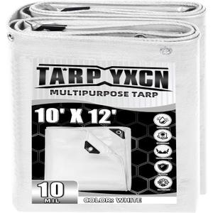 White Tarp 10x12 Feet, 10 Mil Thick Waterproof Poly Tarps Cover UV Resistant, Rip & Tear Proof with Metal Grommets Every 20 Inches